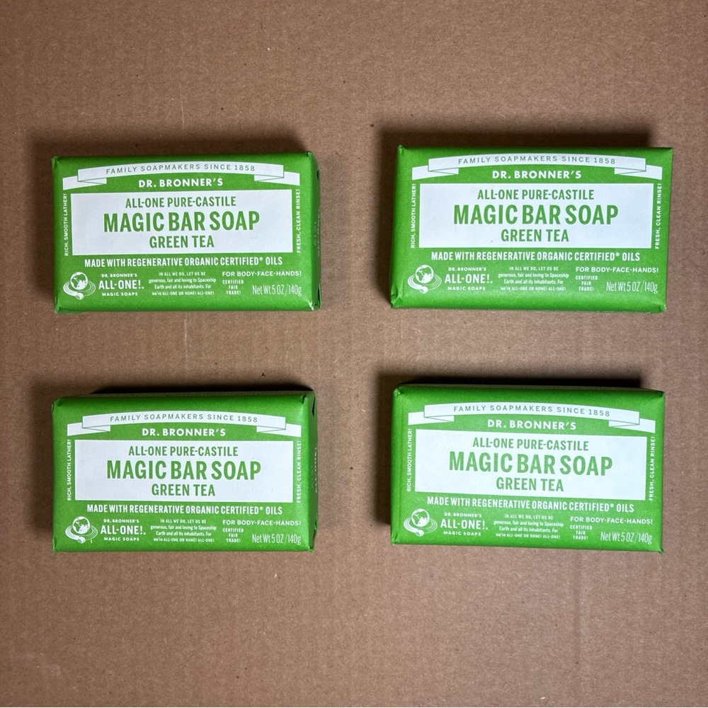 4 Pack Dr. Bronner's All-One Green Tea Pure-Castile Bar Soap Organic